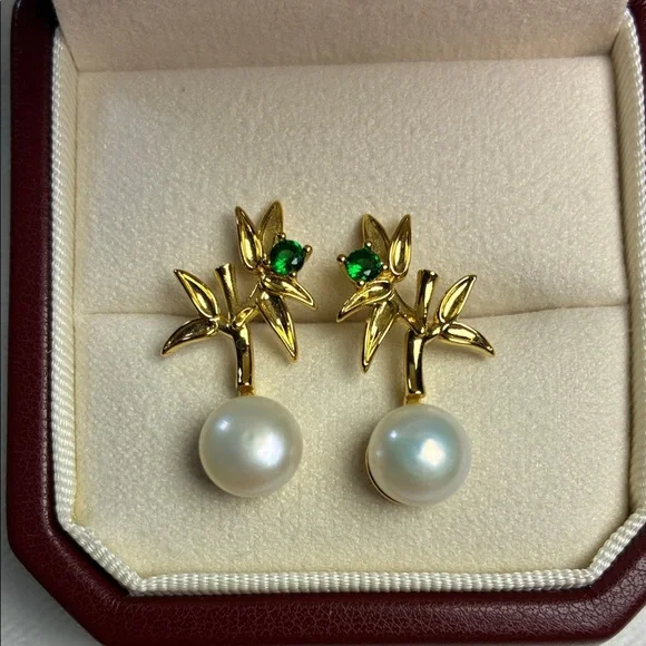 Gold Leaf Pearl Drop Earrings |Sterling Silver Posts | Christmas Gift for Her - Picture 1 of 6